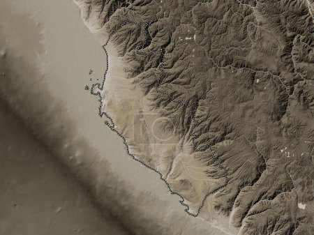 Téléchargez les photos : Ica, region of Peru. Elevation map colored in sepia tones with lakes and rivers - en image libre de droit