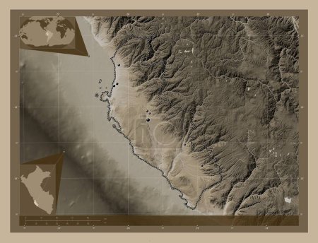 Photo for Ica, region of Peru. Elevation map colored in sepia tones with lakes and rivers. Locations of major cities of the region. Corner auxiliary location maps - Royalty Free Image