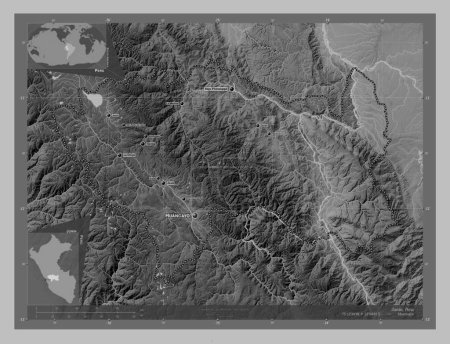 Téléchargez les photos : Junin, region of Peru. Grayscale elevation map with lakes and rivers. Locations and names of major cities of the region. Corner auxiliary location maps - en image libre de droit