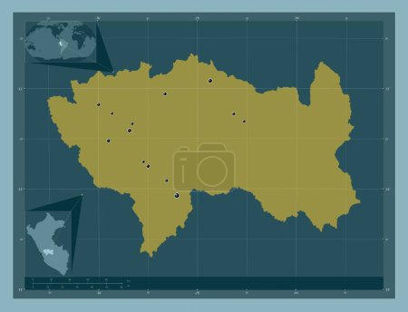 Téléchargez les photos : Junin, region of Peru. Solid color shape. Locations of major cities of the region. Corner auxiliary location maps - en image libre de droit