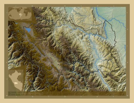 Photo for Junin, region of Peru. Colored elevation map with lakes and rivers. Corner auxiliary location maps - Royalty Free Image