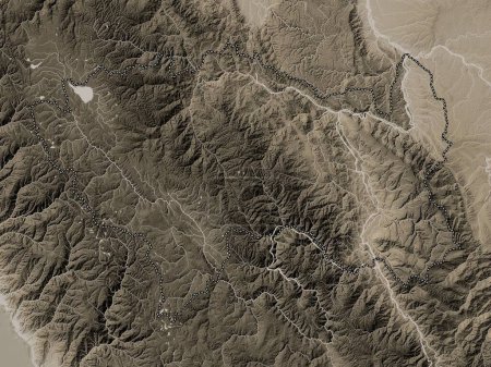 Téléchargez les photos : Junin, region of Peru. Elevation map colored in sepia tones with lakes and rivers - en image libre de droit