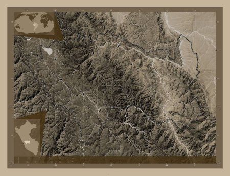 Téléchargez les photos : Junin, region of Peru. Elevation map colored in sepia tones with lakes and rivers. Locations of major cities of the region. Corner auxiliary location maps - en image libre de droit