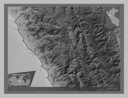 Téléchargez les photos : La Libertad, region of Peru. Grayscale elevation map with lakes and rivers. Locations and names of major cities of the region. Corner auxiliary location maps - en image libre de droit
