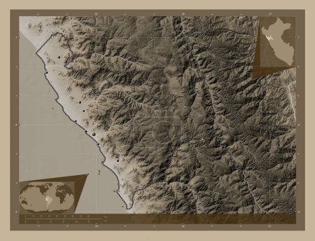 Téléchargez les photos : La Libertad, region of Peru. Elevation map colored in sepia tones with lakes and rivers. Locations of major cities of the region. Corner auxiliary location maps - en image libre de droit