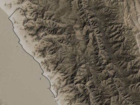 Téléchargez les photos : La Libertad, region of Peru. Elevation map colored in sepia tones with lakes and rivers - en image libre de droit