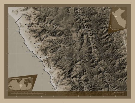 Téléchargez les photos : La Libertad, region of Peru. Elevation map colored in sepia tones with lakes and rivers. Locations and names of major cities of the region. Corner auxiliary location maps - en image libre de droit