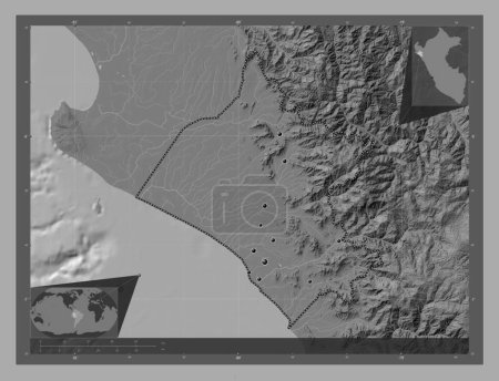 Photo for Lambayeque, region of Peru. Bilevel elevation map with lakes and rivers. Locations of major cities of the region. Corner auxiliary location maps - Royalty Free Image
