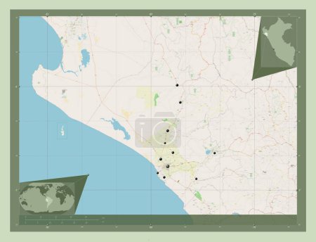 Téléchargez les photos : Lambayeque, region of Peru. Open Street Map. Locations of major cities of the region. Corner auxiliary location maps - en image libre de droit