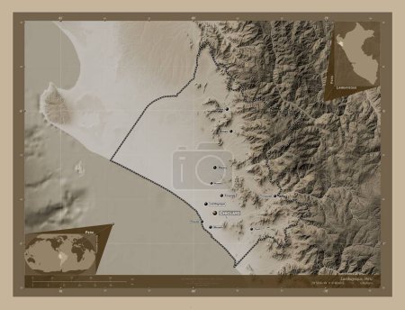 Photo for Lambayeque, region of Peru. Elevation map colored in sepia tones with lakes and rivers. Locations and names of major cities of the region. Corner auxiliary location maps - Royalty Free Image