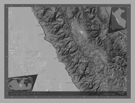 Téléchargez les photos : Lima, region of Peru. Bilevel elevation map with lakes and rivers. Locations and names of major cities of the region. Corner auxiliary location maps - en image libre de droit