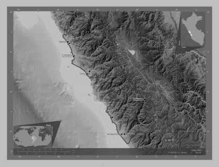 Téléchargez les photos : Lima, region of Peru. Grayscale elevation map with lakes and rivers. Locations and names of major cities of the region. Corner auxiliary location maps - en image libre de droit