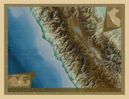 Photo for Lima, region of Peru. Colored elevation map with lakes and rivers. Locations of major cities of the region. Corner auxiliary location maps - Royalty Free Image