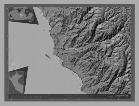 Téléchargez les photos : Lima Province, province of Peru. Bilevel elevation map with lakes and rivers. Locations and names of major cities of the region. Corner auxiliary location maps - en image libre de droit