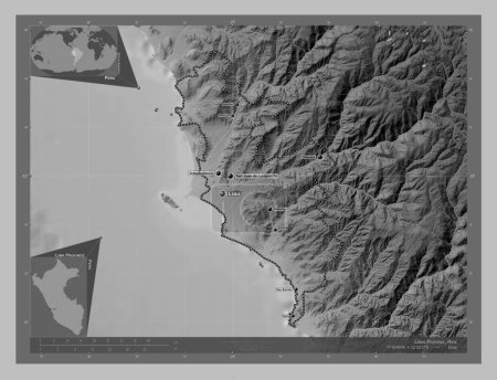 Téléchargez les photos : Lima Province, province of Peru. Grayscale elevation map with lakes and rivers. Locations and names of major cities of the region. Corner auxiliary location maps - en image libre de droit