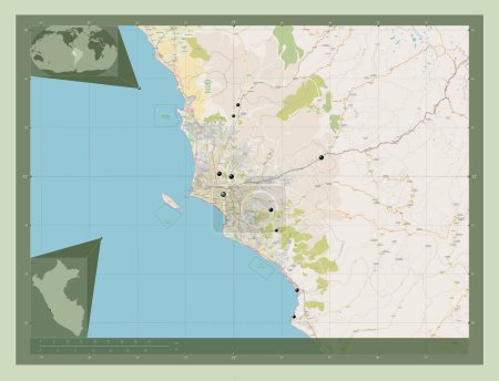 Téléchargez les photos : Lima Province, province of Peru. Open Street Map. Locations of major cities of the region. Corner auxiliary location maps - en image libre de droit