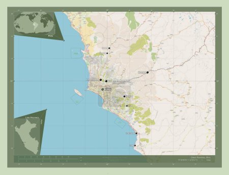 Téléchargez les photos : Lima Province, province of Peru. Open Street Map. Locations and names of major cities of the region. Corner auxiliary location maps - en image libre de droit