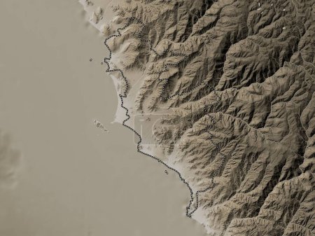 Téléchargez les photos : Lima Province, province of Peru. Elevation map colored in sepia tones with lakes and rivers - en image libre de droit