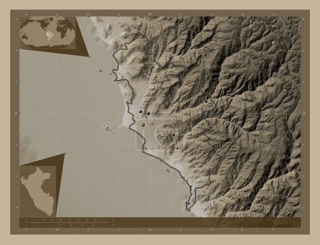 Téléchargez les photos : Lima Province, province of Peru. Elevation map colored in sepia tones with lakes and rivers. Locations of major cities of the region. Corner auxiliary location maps - en image libre de droit