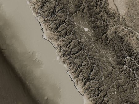 Téléchargez les photos : Lima, region of Peru. Elevation map colored in sepia tones with lakes and rivers - en image libre de droit