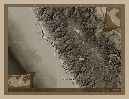 Téléchargez les photos : Lima, region of Peru. Elevation map colored in sepia tones with lakes and rivers. Locations and names of major cities of the region. Corner auxiliary location maps - en image libre de droit