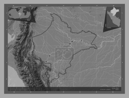 Photo for Loreto, region of Peru. Bilevel elevation map with lakes and rivers. Locations and names of major cities of the region. Corner auxiliary location maps - Royalty Free Image