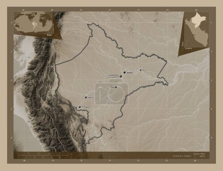 Téléchargez les photos : Loreto, region of Peru. Elevation map colored in sepia tones with lakes and rivers. Locations and names of major cities of the region. Corner auxiliary location maps - en image libre de droit