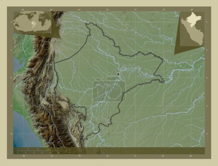 Photo for Loreto, region of Peru. Elevation map colored in wiki style with lakes and rivers. Corner auxiliary location maps - Royalty Free Image