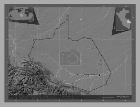Téléchargez les photos : Madre de Dios, region of Peru. Bilevel elevation map with lakes and rivers. Locations and names of major cities of the region. Corner auxiliary location maps - en image libre de droit