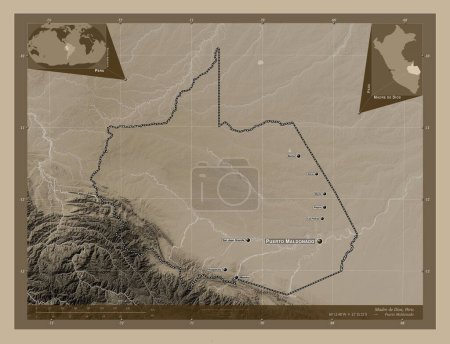 Téléchargez les photos : Madre de Dios, region of Peru. Elevation map colored in sepia tones with lakes and rivers. Locations and names of major cities of the region. Corner auxiliary location maps - en image libre de droit