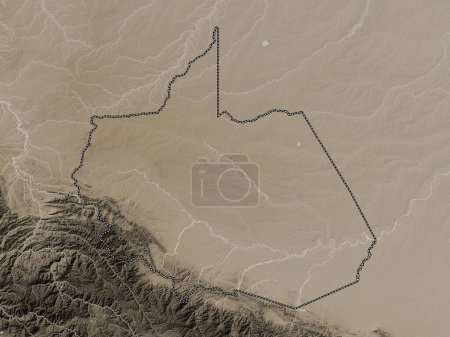 Photo for Madre de Dios, region of Peru. Elevation map colored in sepia tones with lakes and rivers - Royalty Free Image