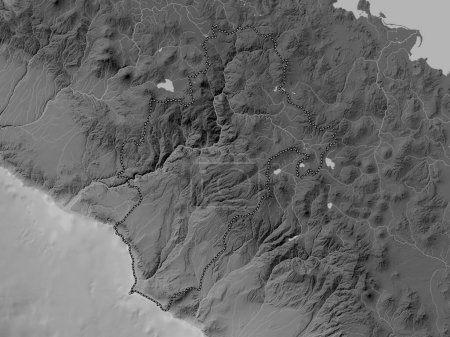 Téléchargez les photos : Moquegua, region of Peru. Grayscale elevation map with lakes and rivers - en image libre de droit