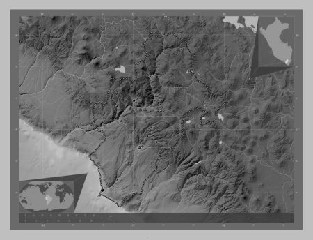 Téléchargez les photos : Moquegua, region of Peru. Grayscale elevation map with lakes and rivers. Locations of major cities of the region. Corner auxiliary location maps - en image libre de droit