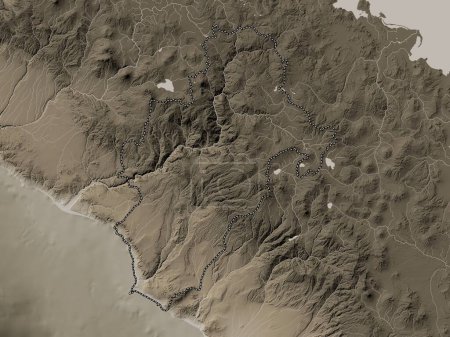 Photo for Moquegua, region of Peru. Elevation map colored in sepia tones with lakes and rivers - Royalty Free Image