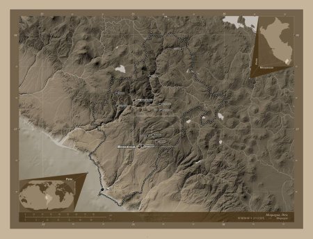 Photo for Moquegua, region of Peru. Elevation map colored in sepia tones with lakes and rivers. Locations and names of major cities of the region. Corner auxiliary location maps - Royalty Free Image