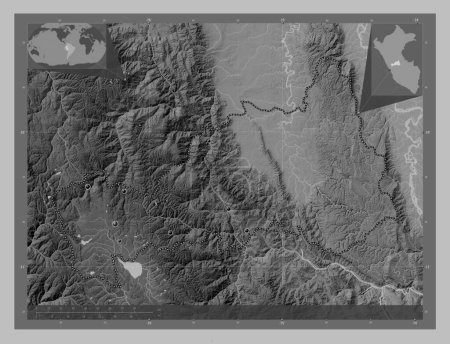 Photo for Pasco, region of Peru. Grayscale elevation map with lakes and rivers. Locations of major cities of the region. Corner auxiliary location maps - Royalty Free Image