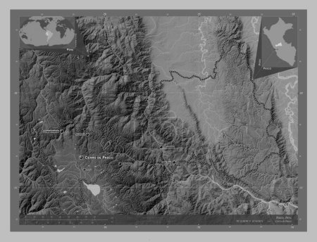 Foto de Pasco, region of Peru. Grayscale elevation map with lakes and rivers. Locations and names of major cities of the region. Corner auxiliary location maps - Imagen libre de derechos