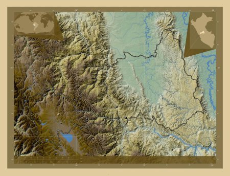 Photo for Pasco, region of Peru. Colored elevation map with lakes and rivers. Locations of major cities of the region. Corner auxiliary location maps - Royalty Free Image