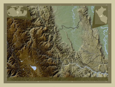 Téléchargez les photos : Pasco, region of Peru. Elevation map colored in wiki style with lakes and rivers. Corner auxiliary location maps - en image libre de droit