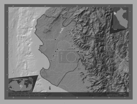 Téléchargez les photos : Piura, region of Peru. Bilevel elevation map with lakes and rivers. Locations and names of major cities of the region. Corner auxiliary location maps - en image libre de droit