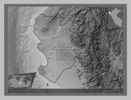 Foto de Piura, region of Peru. Grayscale elevation map with lakes and rivers. Locations and names of major cities of the region. Corner auxiliary location maps - Imagen libre de derechos