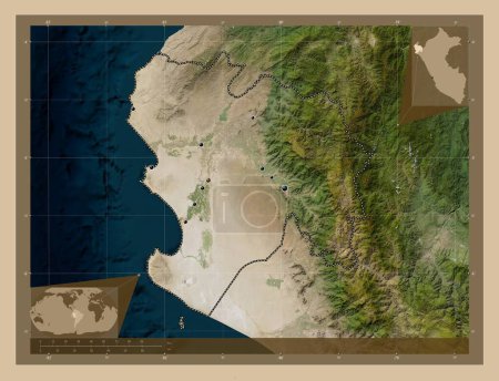 Téléchargez les photos : Piura, region of Peru. Low resolution satellite map. Locations of major cities of the region. Corner auxiliary location maps - en image libre de droit