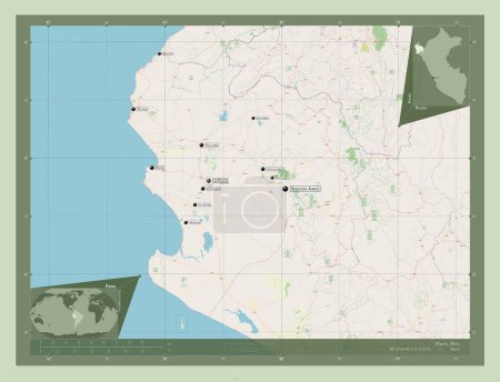 Téléchargez les photos : Piura, region of Peru. Open Street Map. Locations and names of major cities of the region. Corner auxiliary location maps - en image libre de droit
