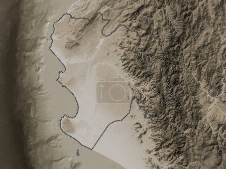 Téléchargez les photos : Piura, region of Peru. Elevation map colored in sepia tones with lakes and rivers - en image libre de droit