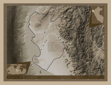 Téléchargez les photos : Piura, region of Peru. Elevation map colored in sepia tones with lakes and rivers. Locations of major cities of the region. Corner auxiliary location maps - en image libre de droit