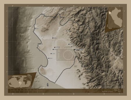 Téléchargez les photos : Piura, region of Peru. Elevation map colored in sepia tones with lakes and rivers. Locations and names of major cities of the region. Corner auxiliary location maps - en image libre de droit