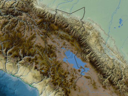 Téléchargez les photos : Puno, region of Peru. Colored elevation map with lakes and rivers - en image libre de droit