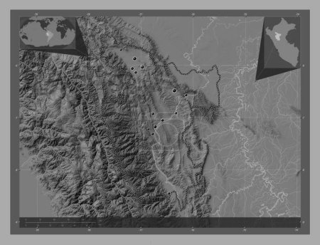 Téléchargez les photos : San Martin, region of Peru. Bilevel elevation map with lakes and rivers. Locations of major cities of the region. Corner auxiliary location maps - en image libre de droit