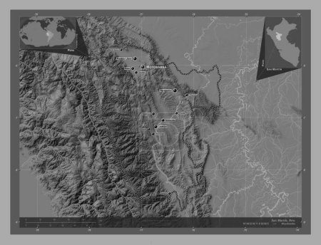 Téléchargez les photos : San Martin, region of Peru. Bilevel elevation map with lakes and rivers. Locations and names of major cities of the region. Corner auxiliary location maps - en image libre de droit