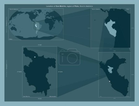 Téléchargez les photos : San Martin, region of Peru. Diagram showing the location of the region on larger-scale maps. Composition of vector frames and PNG shapes on a solid background - en image libre de droit
